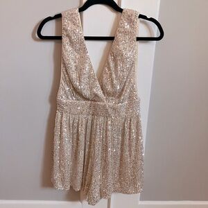 Champagne Sequin Plunge Sleeveless Romper